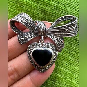 Vintage 925 Silver Marcasite Bow Heart Brooch